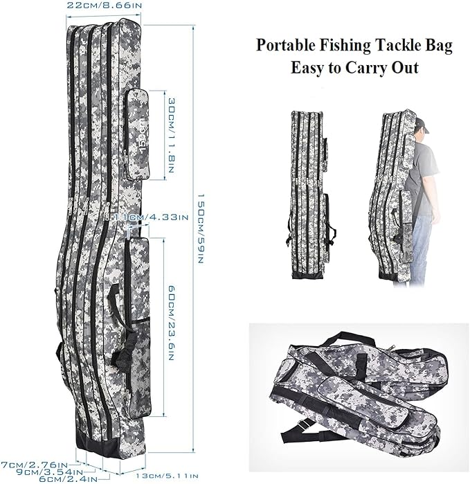 3 Layers Fishing Pole Bag,Portable 3 Layers Oxford Folding Rod Carry Case,Fishing Reel Tackle Storage Bag Case