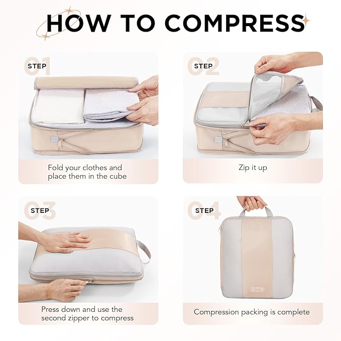 8 Set Compression Packing Cubes for Travel Gifts Women Mom,OlarHike Luggage Clothes Organizer for Travelers,Airplane/Cruise/Car/Train Travel Essentials,Compressible Expandable Saver Space Bags(Beige)