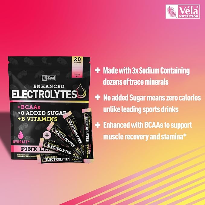 Zeal Naturals Enhanced Electrolyte Powder Stick Packs (Pink Lemonade - 20 Packets) Sugar Free + BCAA B-Vitamins & Pink Himalayan Salt - Keto Electrolytes, Hydration Powder