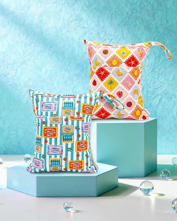 ALVABABY 2pcs Cloth Diaper Wet Dry Bags Waterproof Reusable with Two Zippered Pockets Travel Beach Pool Daycare Soiled Baby Items Yoga Gym Bag for Swimsuits or Wet Clothes 2LM22