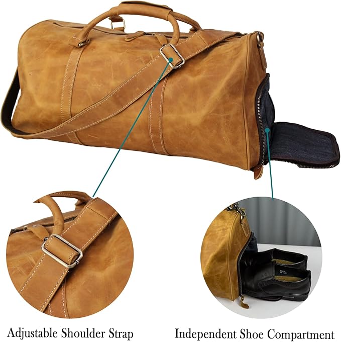 Vintage Crazy Horse Leather Travel Duffel Bag with Shoe Compartment Multi-Carry Duffle +Brass Anti-Scratch Feet/Business/Casual/Travel(5096-Yellow)