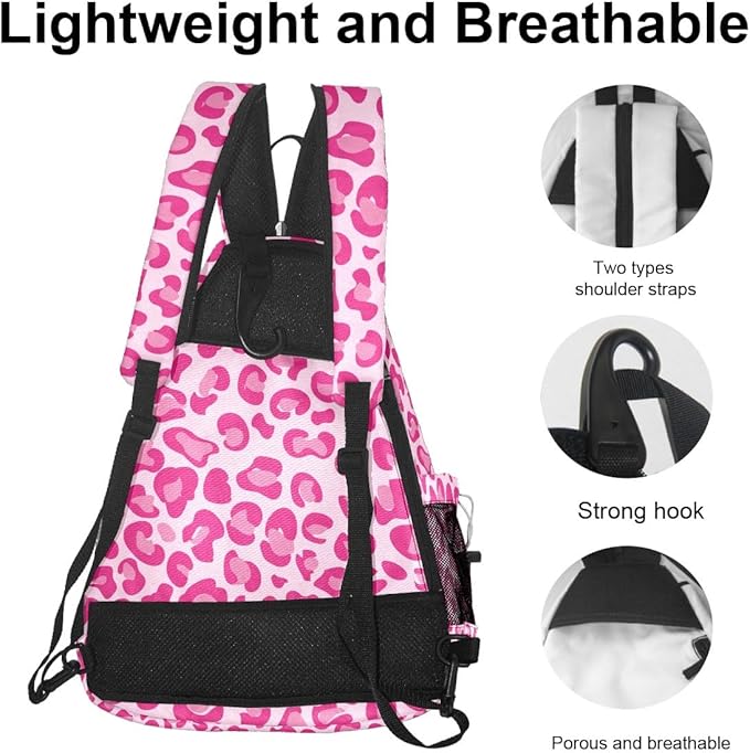 Pickleball Bag Pink Leopard Print Pickle Ball Backpack for Women Men Premium Lightweight Crossbody Sling Bag Sports Backpack for Pickleball Paddle Tennis