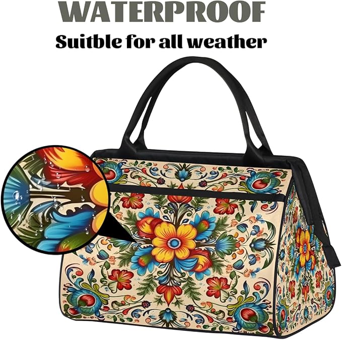 Travel Duffle Bag, Ethnic Floral Mandala Flower Overnight Weekender Tote Bag for Women Men Waterproof Carry On Luggage with Zipper Lightweight Sport Gym Bag for Traveling Yoga Camping Traveling Gifts