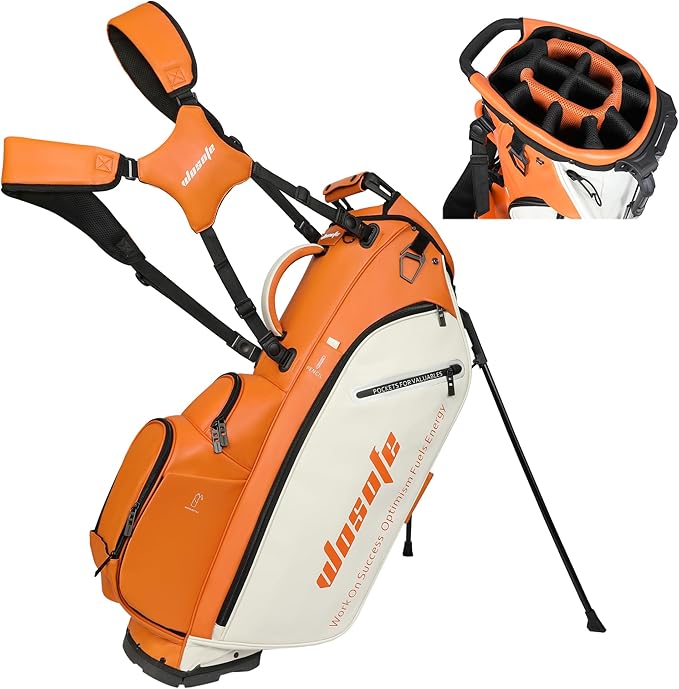 WOSOFE PU Golf Bag with 6/14 Way Top Dividers Automatically Adjustable Dual Straps Elegant Design for Men Women Pu Golf Stand Bag with Multiple Pockets