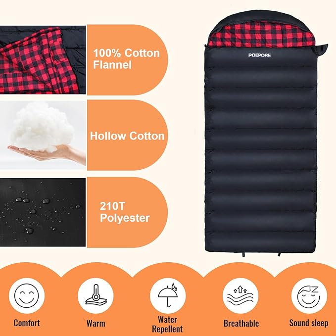 0 Degree Sleeping Bag 100% Cotton Flannel XXL Cold Weather Winter Oversized Sleeping Bag for Adults Camping Zero Degree Big and Tall with Compression Sack
