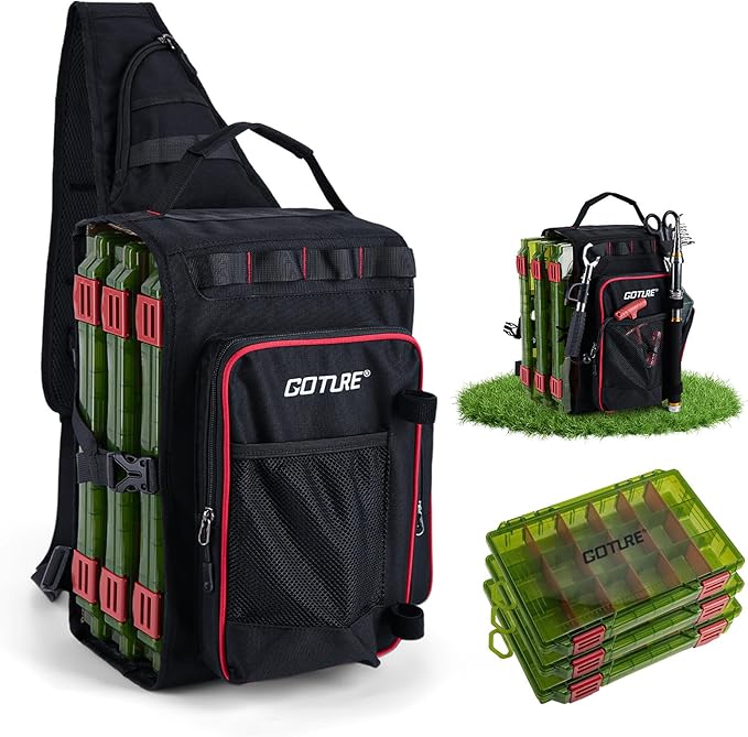 Goture OpenSide Fishing Sling Tackle Storage Bag with 3 Tackle Boxes, Lightweight Fishing Backpack Storge Gear - Black Bag Outdoor,Gift for men