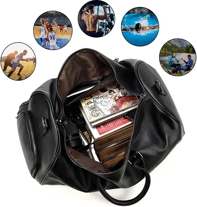 Genuine Leather Travel Duffel Bags for Men and Women Leather Overnight Weekend Bags Sports Gym Duffle, 9423 Black