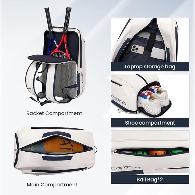 Tennis Racket Bag Pickleball Padel Backpack With Shoe Compartment, Laptop Sleeve,Fence Hook,Ball Sleeve