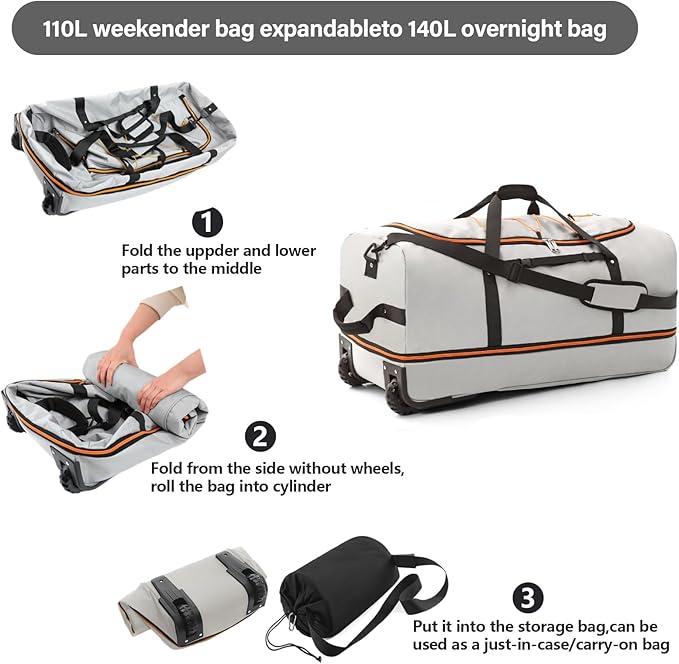 Vomgomfom 32" Soft-Sided Foldable Wheeled Travel Duffel Bag,Expandable 110L to 140L Rolling Cargo Bag with 2 Wheels and Multiple Pockets,Grey