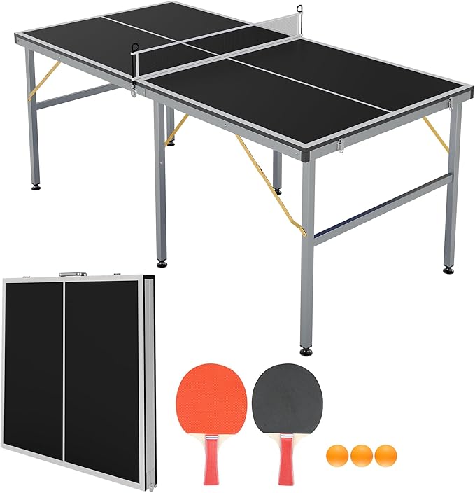 Portable Ping Pong Table,6X3 ft Professional Indoor/Outdoor Table Tennis Tables Game with Net for Adults/Teens,2 Tennis Paddles and 3 Balls- Quick Assembly