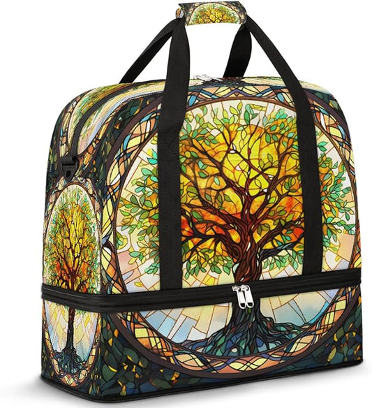 Tree Dream Window Travel Duffle Bags With Shoes Compartment for Women Men Weekender Overnight Bag Foldable Sports Tote Gym Carry On Luggage Handlebag for Travel Yoga Hospital Workout