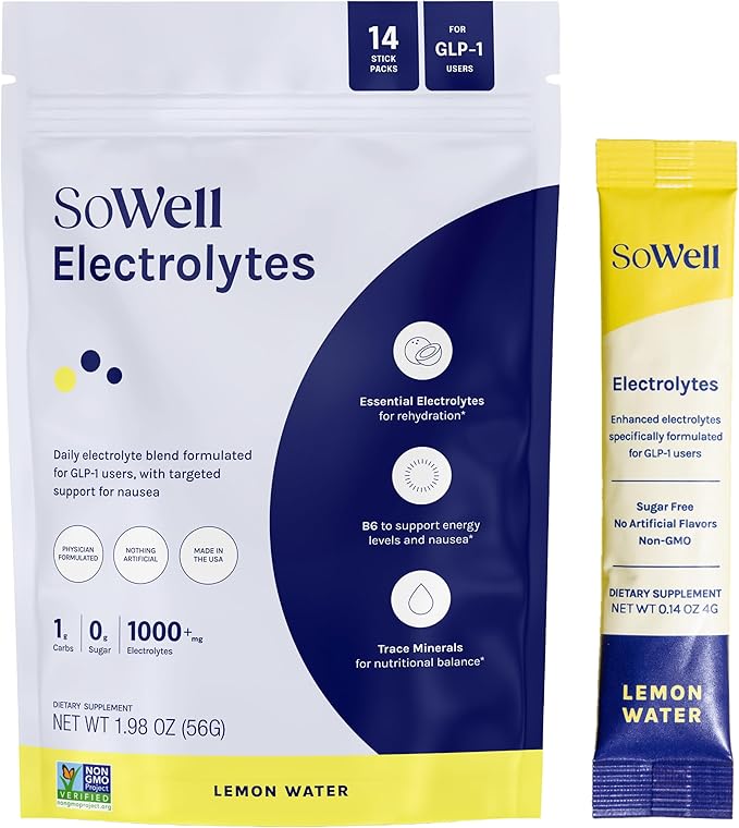 SoWell GLP-1 Electrolytes Lemon Water Drink Mix, Hydration Support Powder with Coconut Water, Trace Minerals and B6 Vitamins, Sugar-Free, 14 Stick Packs