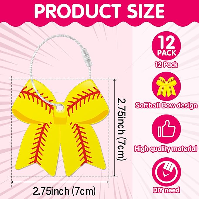 12 PCs Softball Bow Luggage Tags for Suitcases Travel Suitcase Labels with Metal Ring 2.75in Softball Bow Keychain PVC Name Id and DIY Pocket Hug Card for Men Women Travel Bag Suitcase Gift