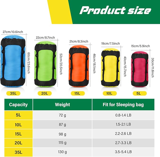 5 Pcs Compression Sacks for Backpacking 5L/10L/15L/20L/35L Camping Sleeping Bag Stuff Sack Water Resistant Sleeping Bag Storage Sack for Space Saving Hiking Gear