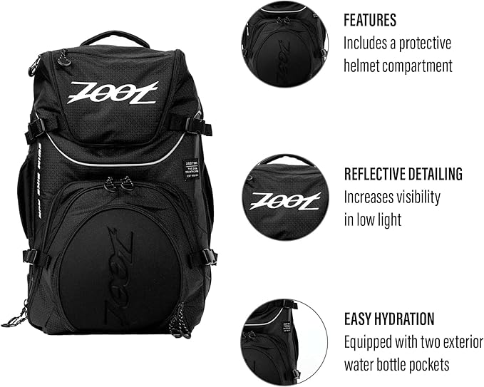 Zoot Ultra Tri Bag, Triathlon Transition Backpack with Wet Storage for Men & Women Athletes, Race Day, Travel & Train, Black