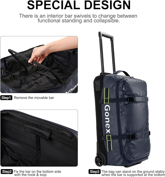 Gonex Rolling Duffle Bag with Wheels, 70L Water Repellent Wheeled Travel Duffel Luggage with Rollers 25 inch, Navy