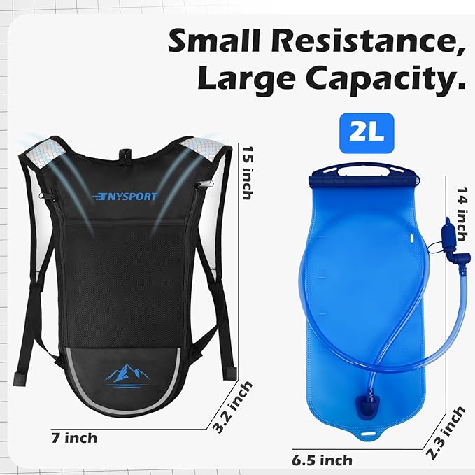2 Pack Hydration Backpack Pack with 2L Hydration Bladder, TNYSPORT Lightweight Breathable Water Backpack with 3 Layer Pockets, Reinforced Shoulder Straps for Hiking Running Cycling