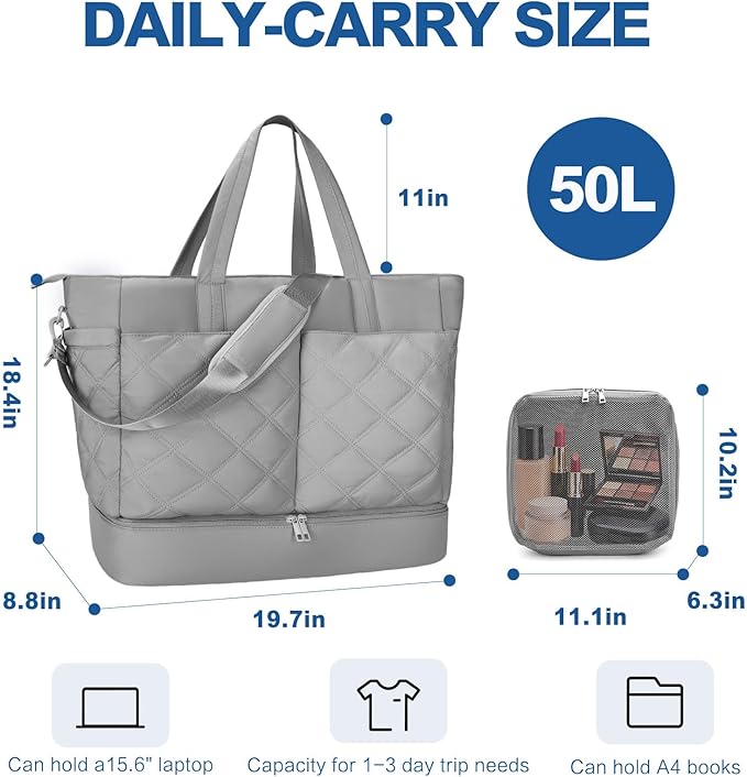 Weekender Bag for Women Men, Large Overnight Bag Faux Leather Travel Duffel Bag with Shoe Compartment Toiletry Packing Cube Carry On Bag Fit 21" Laptop 3Pcs Set (2PCS Grey)