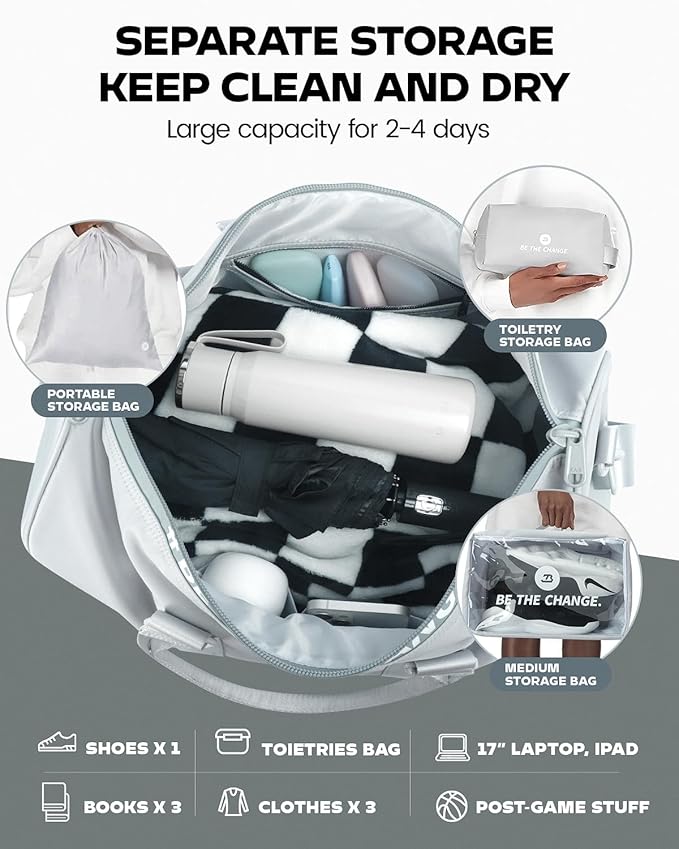 4Pcs/Set Gym Bags Swim Heavy Duty Sports Duffel Bag for Women and Men Waterproof Travel Workout Weekender Bag with 3 Accessory Bags of Wet & Dry Separation Upgrades 2.0 Sliver