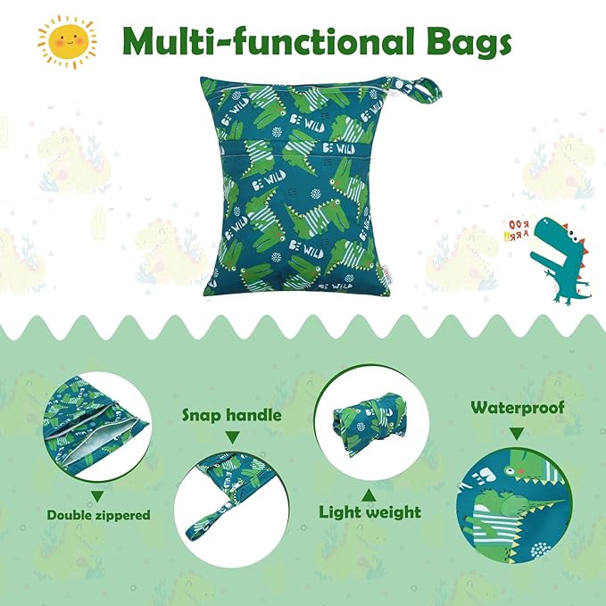 ALVABABY 3pcs Cloth Diaper Wet Dry Bags Waterproof Reusable with Two Zippered Pockets Travel Beach Pool Daycare Soiled Baby Items Yoga Gym Bag for Swimsuits or Wet Clothes 3L-ZM16A