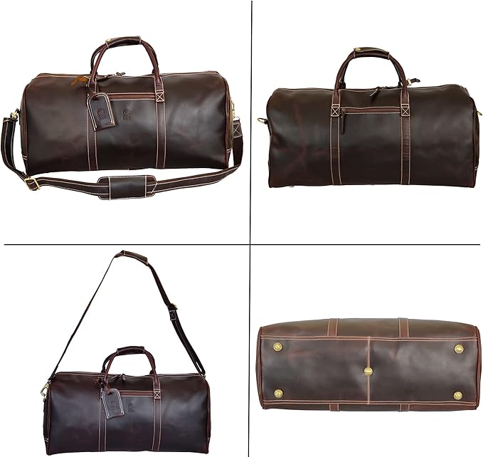 24" Leather Duffle Bag for Men & Women, Full Grain Leather Travel Overnight Weekender Sports Gym Carry On Duffel Bag by Rustic Town (Walnut Brown)