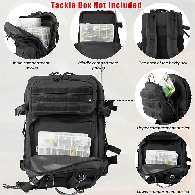 Large 45L Tactical Fishing Tackle Backpack with Removable Plier Holder & Rod Holders Storage Fishing Gear and Equipment Tackle Bag Hiking Backpack Black without Tackle Boxes