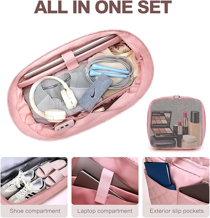 Weekender Bag for Women Men, Large Overnight Bag Faux Leather Travel Duffel Bag with Shoe Compartment Toiletry Packing Cube Carry On Bag Fit 21" Laptop 3Pcs Set (2PCS Pink)