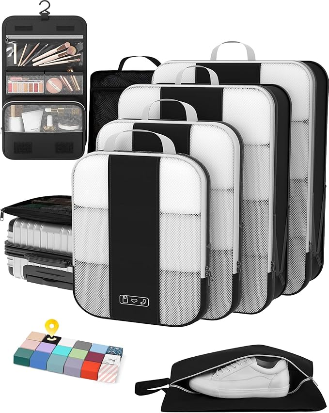 8 Set Compression Packing Cubes for Travel Essentials,Compressible Expandable Packing Cubes for Suitcase,OlarHike Luggage Organizer Bags for Travel,Handy Helper for Organizing Clothes(Black)