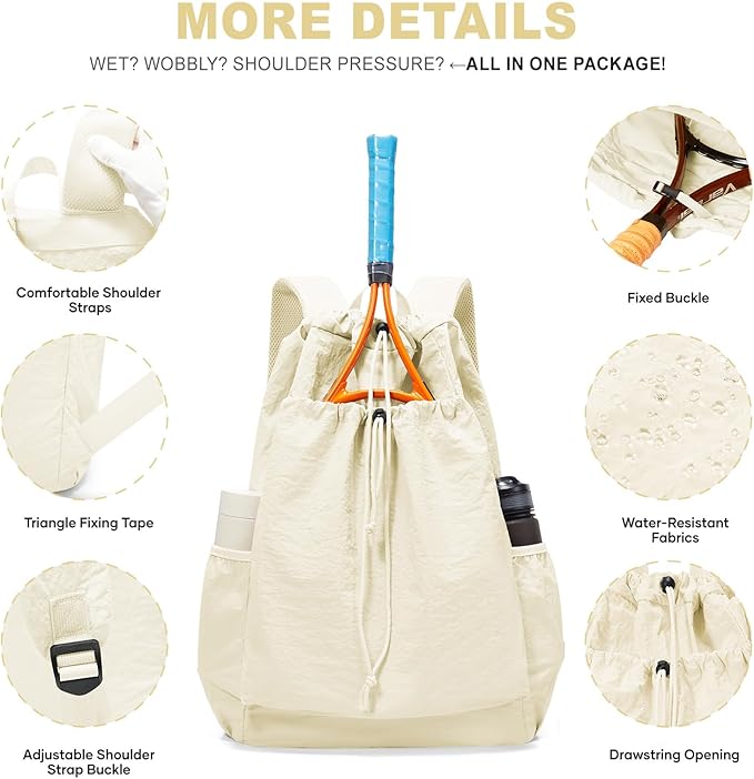 coofay Tennis Bags for Women Men Pickleball Bag Beach Tennis Racket Bag Drawstring Pickleball Tennis Backpack Badminton Bags