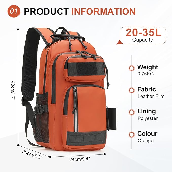 35L Fishing Backpack with Rod Holder, Waterproof Tackle Sling Crossbody Bag with Multi Pocket for Fishing Camping Hunting Hiking, Orange