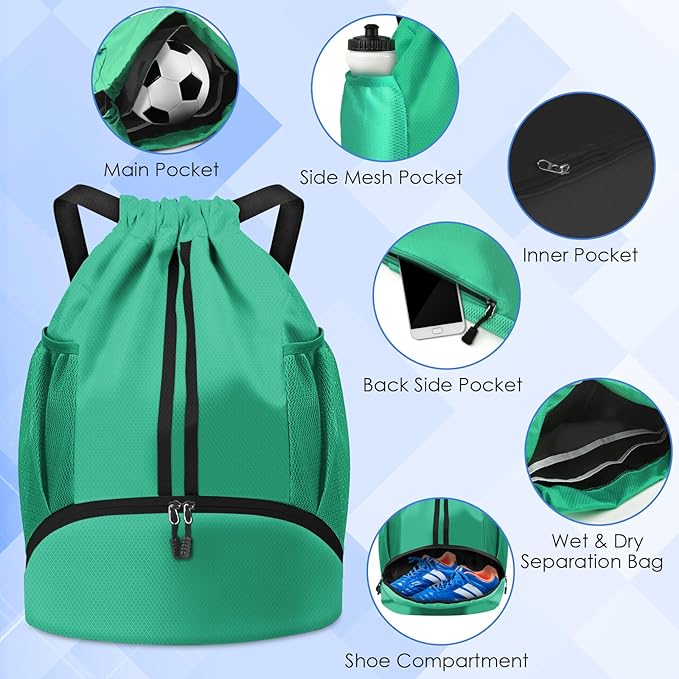 BROTOU Soccer Bags, Football Backpack, Volleyball Bag, Drawstring Backpack with Ball and Shoe Compartment, Football bags for Equipment Swim Gym Bag