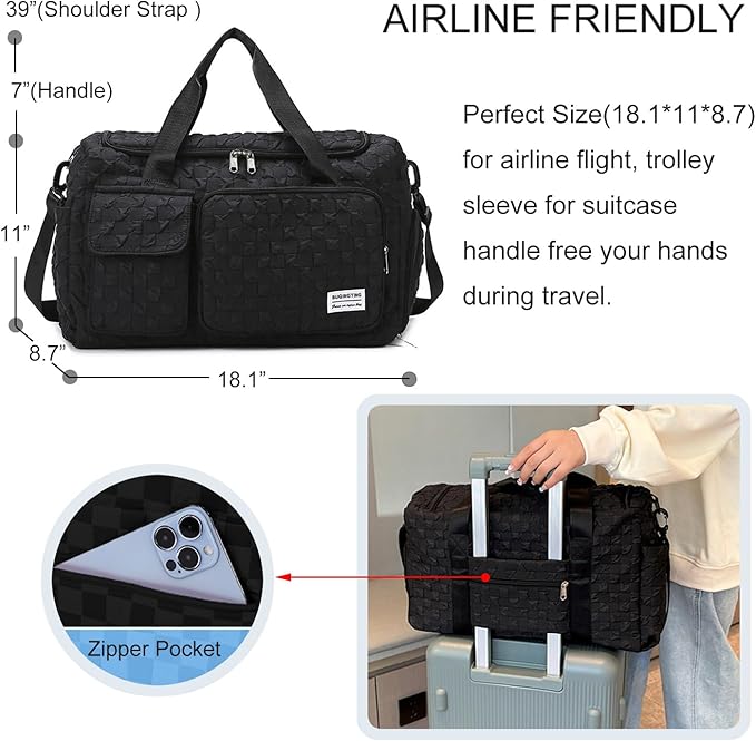 Weekender Duffel Sport Gym Bag Overnight Travel duffle Bags with Shoe Compartment Wet Pocket Tartan Black