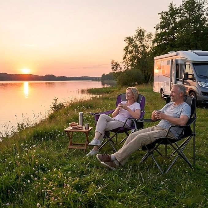 2 Pack Padded Oversized Camping Chairs for Adults,Heavy Duty Support 400 Lbs,Folding Portable Lawn Chair w/Cup Holder,Cooler Bag,Side Pocket,Perfect for Outdoor Picnic,Hiking(Purple&Black)