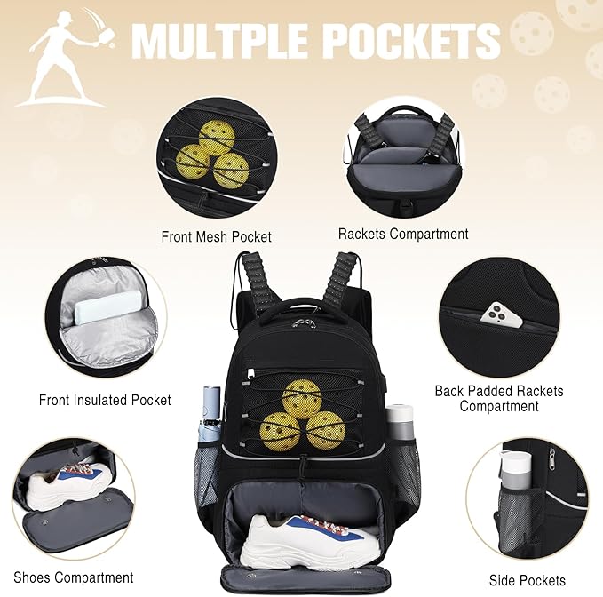 Bevalsa Pickleball Bag for Women Men Teens, Tennis Bag with Shoe Compartment, Multifunctional Sports Padel Racket Bag Badminton Backpack Fits 4 Rackets with Fence Hook