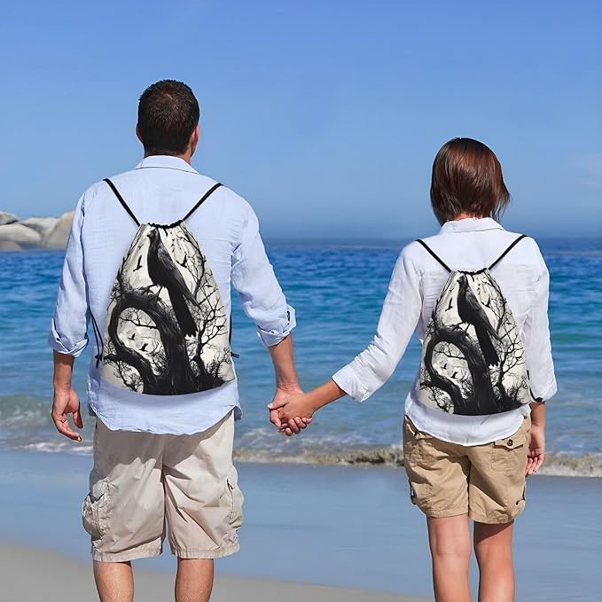 Black Crow Pattern Drawstring Backpack Bag - Sports Gym Sack For Women Men
