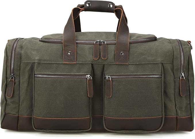 Polare 23” Waxed Canvas Cowhide Leather Waterproof Travel Duffel Bag Trim Luggage Weekender Overnight Carry on Hand Bag