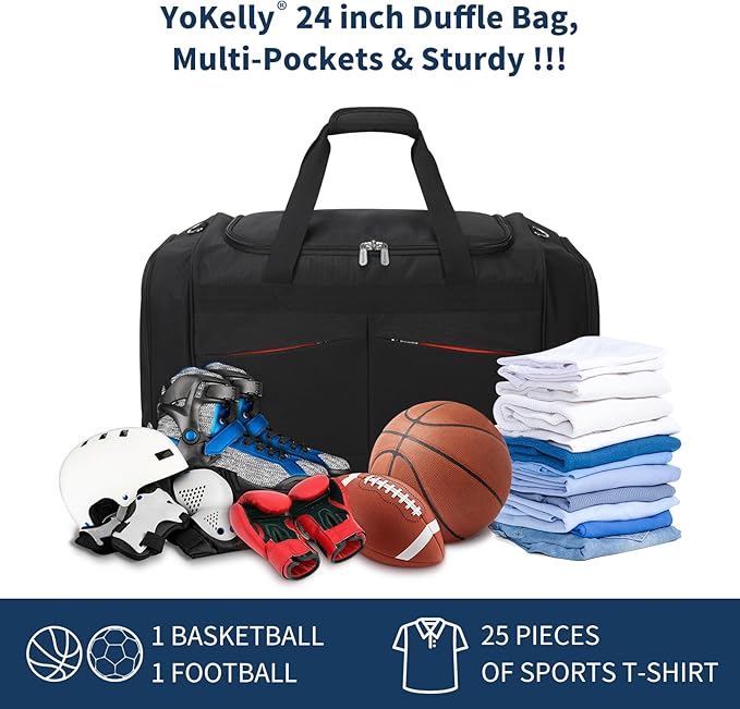 24 inch Large Gym Bag for Men - 65L Hard Bottom Duffle Bag with Shoes Compartment for Sport/Travel - Black