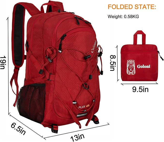 45L Hiking Backpack with Rain Cover, Lightweight Foldable Camping Backpack for Trekking, Water-Resistant Daypack with Hiking Pole & Mat Carrying System,Red