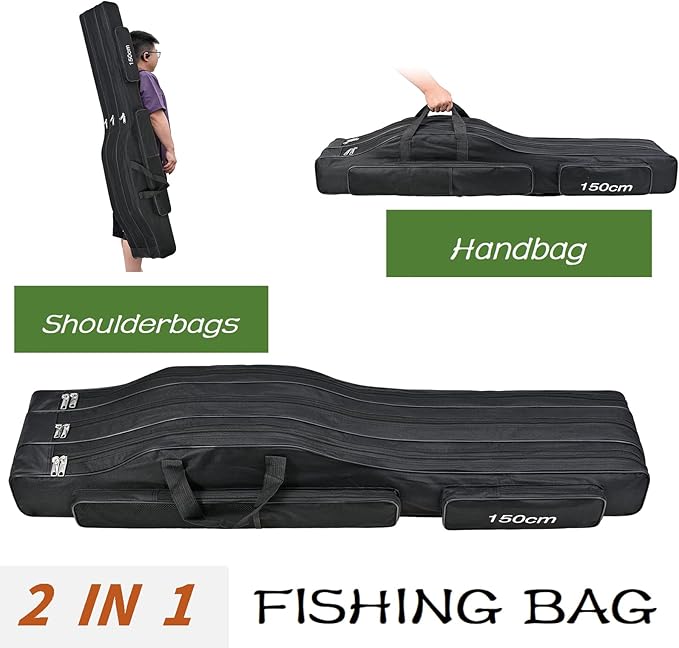 3 Layers Fishing Pole Bag,Portable 3 Layers Oxford Folding Rod Carry Case,Fishing Reel Tackle Storage Bag Case