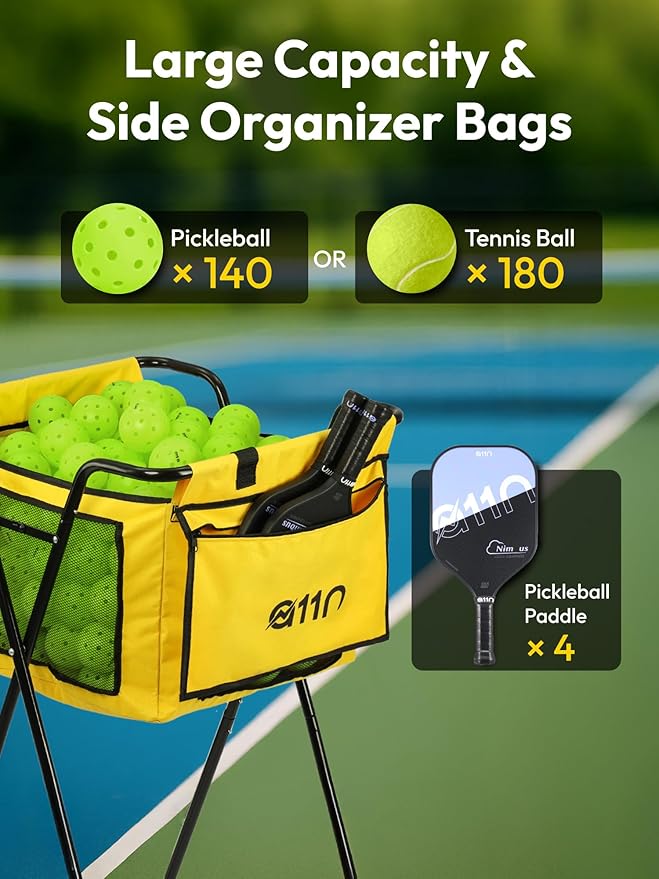 A11N SPORTS Pickleball Tennis Balls Hopper with Side Pocket – Holds 140 Pickleballs or 180 Tennis Balls, Pickleball Caddy with 4 Swivel Wheels, Foldable Frame & Detachable Bag for Training or Coaching