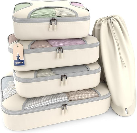 Shacke Premium 5 Packing Cubes Set - Lightweight Mesh Travel Luggage Organizers with Laundry Bag, 5-Piece Suitcase Storage System (Sand)