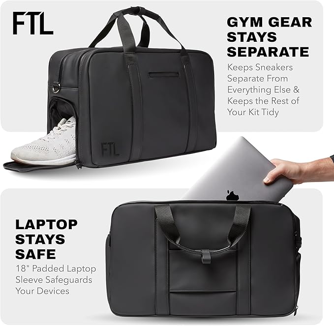 The FTL Pro Mens Travel Bag - 30L Premium Work to Gym Weekender Duffel with Garment Bag, Shoe Space & 18" Laptop Sleeve - Organized Athletic Business Carry On Hybrid, Fits Under Airplane Seat - Black