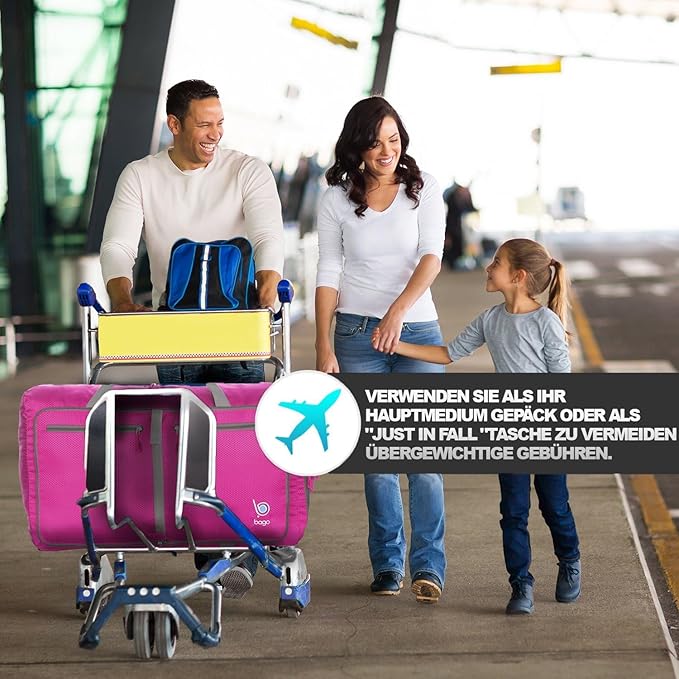 Bago Large Foldable Duffel Bags for Traveling Women & Men - 80L Packable Duffle Bag for Travel with Shoe Compartment - Water Repellant, Heavy Duty, Lightweight Folding & Collapsible (Pink)