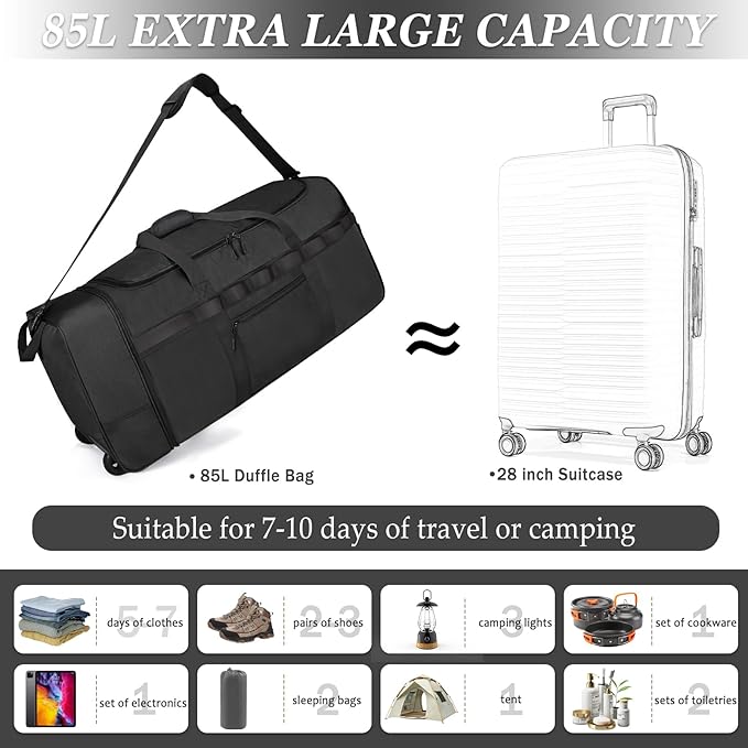 Rolling Duffle Bag with Wheels, 85L Expandable Rolling Duffel Bag for Travelling, Extra Large Foldable Carry on Travel Duffle Bag for Men
