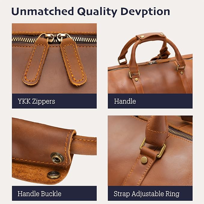 Leather Duffle Bags for Men with Shoe Compartment – 23.6" x 12.6" x 11" Travel Bag, Gym Bag, Also Suitable for Crossbody or Shoulder Carry, Light Brown Large Size