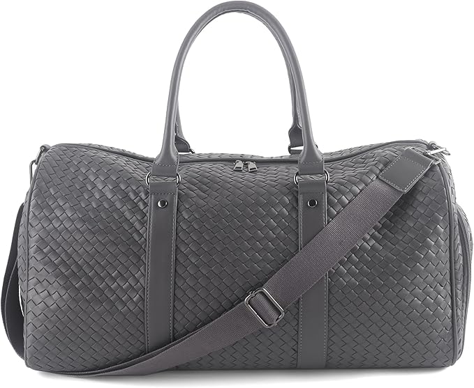 Weekender Bags for Women Woven Leather Travel Duffel Bag with Shoe Compartment, Carry On Garment Bag for Men Women, Large Capacity Water-resistant Gym Tote (Gray)