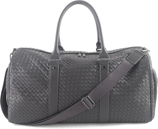 Weekender Bags for Women Woven Leather Travel Duffel Bag with Shoe Compartment, Carry On Garment Bag for Men Women, Large Capacity Water-resistant Gym Tote (Gray)