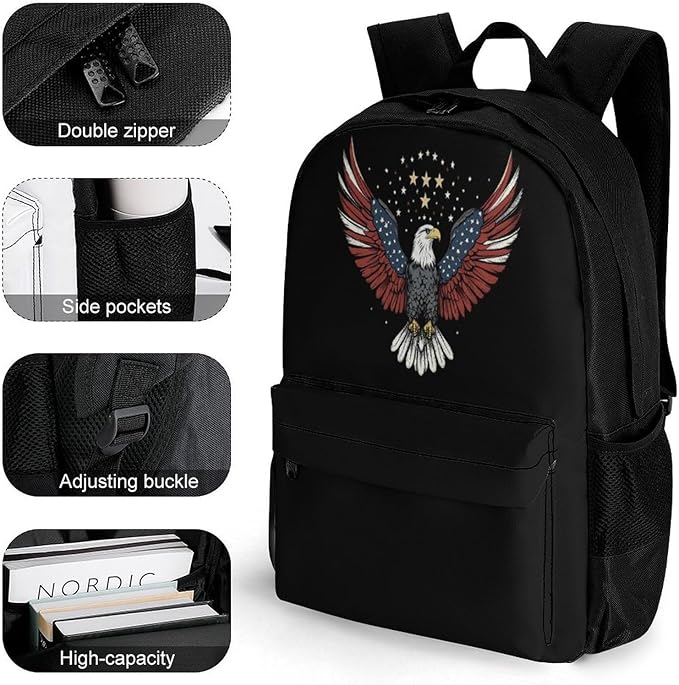 Black Backpack for Travel College Work Airplane Accessories, Bag with Sturdy Strap, Portable American Flag And Bald Eagle Patriotic Black Laptop Bags for Adult