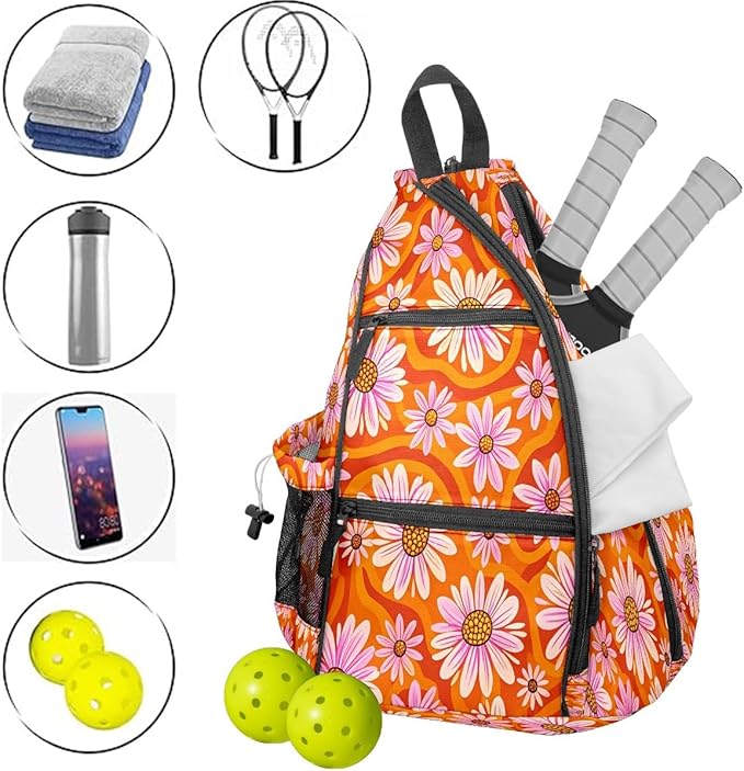 Pickleball Bag Daisy Flowers Orange Pickle Ball Backpack for Women Men Premium Lightweight Crossbody Sling Bag Sports Backpack for Pickleball Paddle Tennis
