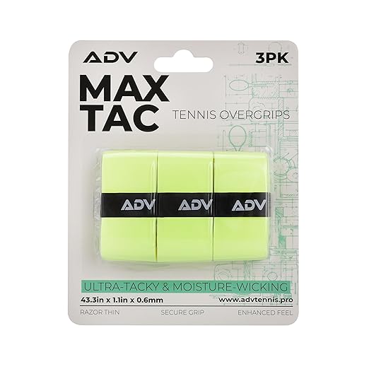 ADV MaxTac Tacky Tennis Overgrip - 3 Pack - Extremely Sticky Non-Slip Tennis Grips Overgrip - Razor-Thin & Easy to Use Pro Tennis Racquet Grip Tape (3-Pack Volt)